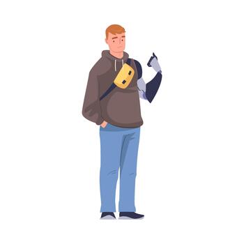 Man Character with Replaced Robotic Arms as Body Part Prosthesis Restoring Normal Functioning Illustration vector