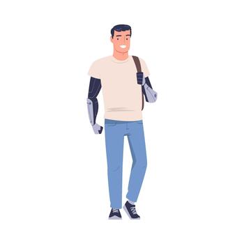 Happy Man Character with Replaced Robotic Arms as Body Part Prosthesis Restoring Normal Functioning Illustration vector