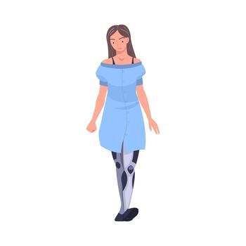 Smiling Woman Character Walking with Robotic Leg as Body Part or Limb Prosthesis Restoring Normal Functioning Illustration vector