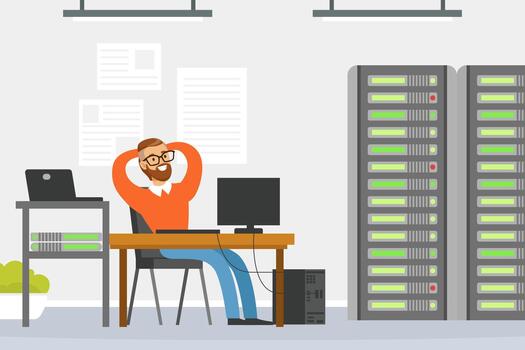 Bearded Man Sysadmin Sitting at Desk Working with Server Rack Cabinet and Computer Illustration vector