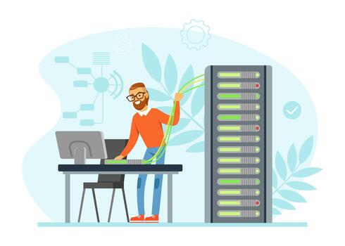 Bearded Man Sysadmin Working with Server Rack Cabinet and Computer Illustration vector