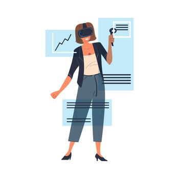 mujer vistiendo virtual realidad auriculares trabajando con grafico y documento inmerso en resumen vr mundo ilustración vector