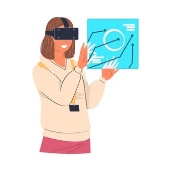 mujer vistiendo virtual realidad auriculares trabajando con grafico esquema en monitor ilustración vector