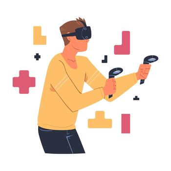 Man Wearing Virtual Reality Headset Playing Puzzle Game Immersed in Abstract VR World Illustration vector