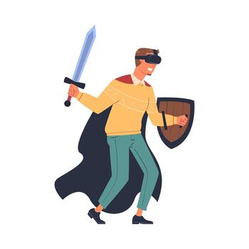 hombre vistiendo virtual realidad auriculares con espada y proteger luchando inmerso en resumen vr mundo ilustración vector