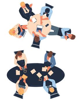 Teamwork with Office Worker Brainstorming at Table Discussing Project Above View Set vector