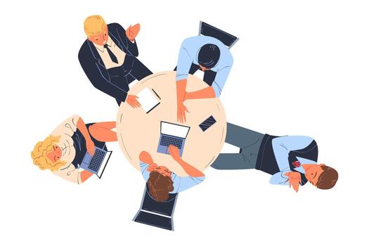 Teamwork with Office Worker Brainstorming at Round Table Discussing Project Above View Illustration vector