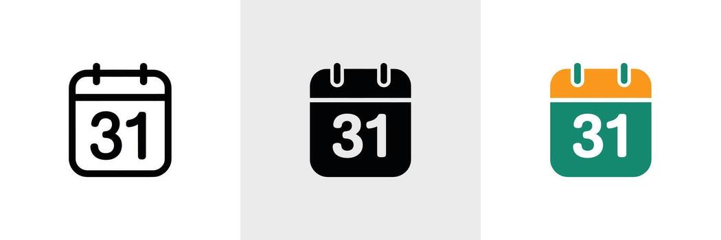 Calendar Icon Set 31st Date Symbol in Outline, Solid Black, and Color Versions vector