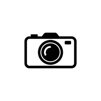 Black and White Icon of Camera with Lens, Shutter Release, and Rectangular Body vector