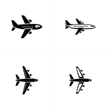Black Airplane Silhouette Icons on White Background Displayed in a FourPanel Layout vector