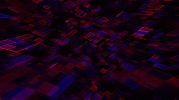 trogen data ström bakgrund med överlappande genomskinlig röd och blå rektangel pixel former rör på sig genom en digital Plats med neon glöd effekt. abstrakt modern teknologi animation. 4k 60 fps video