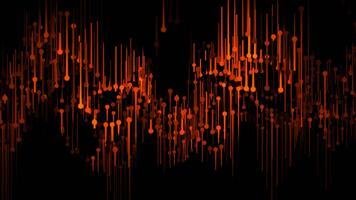 brilhando laranja linhas e circular pontos comovente dentro equalizador rítmico ondas em uma Preto fundo. brilhante padronizar fluxo animação para computador tecnologia arte e música digital visualização. 4k 60fps video