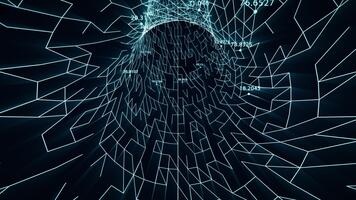desatado ciclo fundo com digital túnel fez do brilhando azul rede e flutuando numérico dados. néon linhas buraco de minhoca com coordenadas semelhante a grande dados em processamento e computador tecnologia. 4k 60fps video