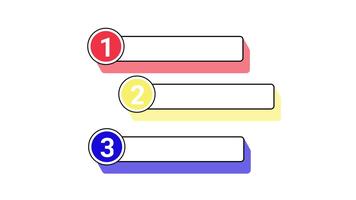 animerad numrerad lista med tre poäng i röd, gul, och blå. funktioner tom text lådor och en lätt vicka animation. video