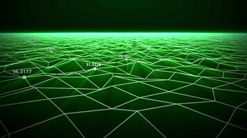 vert numérique paysage avec brillant embrasé la grille et flottant numérique Les données points et coordonnées. abstrait animation de plexus vagues champ avec doux brillant lumière sur une foncé Contexte. 4k 30 images par seconde video