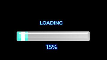 cyan läser in framsteg bar fyllningar från 0 till 100 procent. 3d glansig animering med procentsats disken på en svart bakgrund. video
