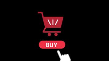 animiert rot Einkaufen Wagen Symbol und Kaufen Taste auf ein schwarz Hintergrund. ein Weiß Mauszeiger Symbol erscheint und Klicks das Taste, welche wendet sich grau. video