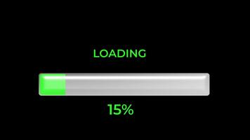 Green Loading progress bar fills from 0 to 100 percent. 3D glossy animation with percentage counter on a black background. video
