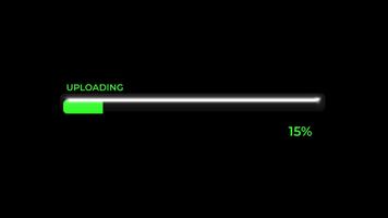 Green Uploading progress bar fills from 0 to 100 percent. 3D glossy animation with percentage counter on a black background. video