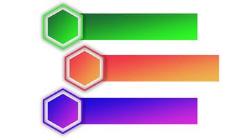 tre färgrik infographic barer med sexhörning ikoner avslöja på en vit bakgrund. grön, orange, och lila lutning rektanglar animera från vänster till höger. video