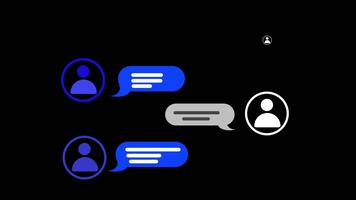 animerad person ikoner och Tal bubblor dyka upp på en svart bakgrund. blå och grå platt grafik simulera en chatt konversation. video