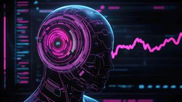 futuristico umanoide robot con digitale interfaccia visualizzazione dati e analitica nel un' High Tech ambientazione, in mostra Avanzate tecnologia e innovazione concetti video