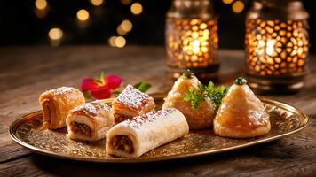 blandad mitten östra bakverk på utsmyckad tallrik med mjuk bokeh bakgrund av lyktor och humör belysning för kulturell och kulinariska teman video