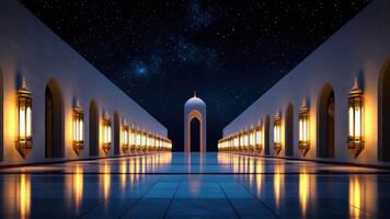 fantastisk natt se av upplyst archway med lyktor under starry himmel i en stor arkitektonisk miljö video