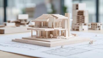 Intricate Wooden Architecture Model Displayed on Blueprint Background in Modern Workspace Environment video