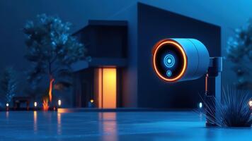 Futuristic security camera design with vibrant lights, sleek architecture, and modern technology in a serene night setting, creating a captivating visual experience video