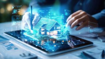 innovativ arkitektonisk design begrepp på läsplatta med virtuell visualisering och 3d tolkning av modern hus använder sig av förändrad verklighet teknologi video