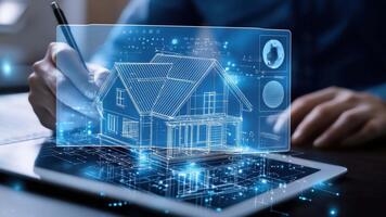 digital transformação do casa Projeto com 3d modelo visualização em tábua tela mostrando criativo arquitetura e Inovativa tecnologia video