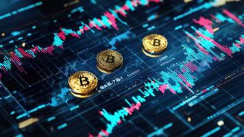 digital criptomoeda negociação conceito com bitcoin moedas em colorida gráficos e dados visualização para investindo e finança temas video