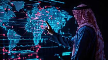 futuristico tecnologia e dati visualizzazione con un' globale carta geografica nel neon colori con un' uomo nel tradizionale abbigliamento osservando digitale connessioni e tendenze video