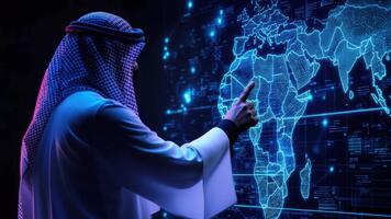 Man in Traditional Attire Observes Global Digital Map Displaying Technology, Data, and Information Connection in a Modern Business Environment video