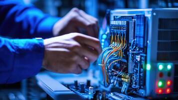 detailopname van handen werken met elektronica en stroomkring bord in een laboratorium milieu voor technologie en innovatie thema's video