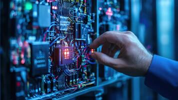 Hand Adjusting Circuit Board in a Modern Technology Control Room with Colorful Wires and Lights, Showcasing Innovation and Engineering Precision video