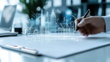 futurista arquitetônico Projeto conceito com virtual elementos e mão desenhando em papel superfície dentro moderno escritório configuração video