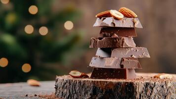 utsökt och frestande skikten av mjölk choklad med mandlar på trä- yta omgiven förbi nötter och mjuk grön bokeh bakgrund video