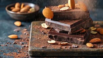 rik mörk choklad kvadrater staplade med hela mandlar på en rustik trä- yta omgiven förbi choklad smulor och nötter, skapande en frestande efterrätt scen video