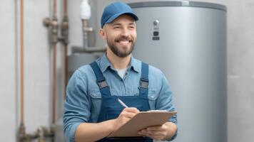 vriendelijk technicus glimlachen terwijl nemen aantekeningen in een onderhoud Oppervlakte in de buurt een groot loodgieter opstelling met modern huishoudelijke apparaten video