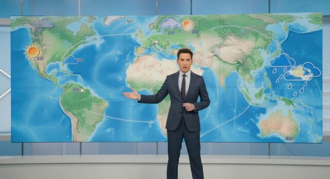 Caucasian man presenting weather forecast with global map in background photo