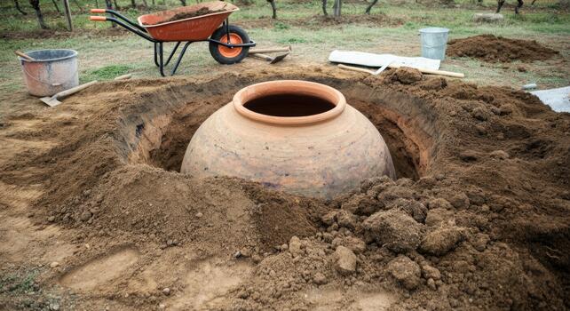Large clay container buried in ground vineyard setting, surrounded by soil and tools photo