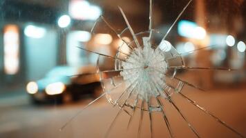 krossade glas med starburst mönster på natt, urban miljö med bokeh bakgrund och avlägsen lampor skapande en mystisk atmosfär video