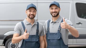 två leende arbetare i grå uniformer ger tumme upp i främre av en leverans skåpbil visning lagarbete och professionalism i de service industri video