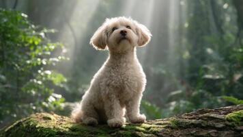 adorabile soffice cane in piedi su muschioso log nel un' illuminata dal sole foresta con morbido raggi splendente attraverso il le foglie la creazione di un' sereno e tranquillo, calmo atmosfera video