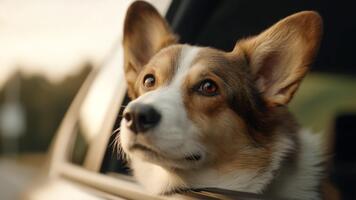 contento corgi cane con floscio orecchie godendo un' panoramico guidare con vento nel pelliccia mentre guardare su di auto finestra durante d'oro ora nel natura ambientazione video
