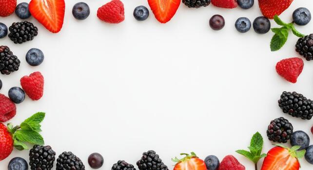 Fresh mixed berries frame on white background with space for text photo
