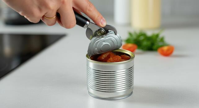 Hand using can opener to open with tomatoes photo