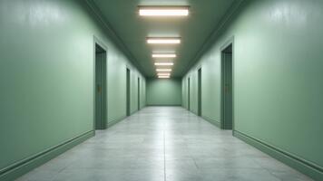 vuoto corridoio con verde muri, luminosa soffitto luci, e chiuso porte la creazione di un' moderno e minimalista atmosfera adatto per vario temi e concetti video